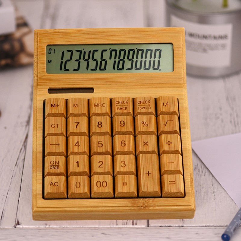 Multifunctional Bamboo Electronic Calculator Counter 12 Digits Solar & Battery