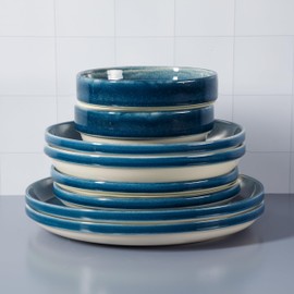 Sur La Table Kitchen Essentials Banquette 16 Piece Double Bowl Plates and Bowls Reactive Glaze Stoneware Dinnerware Set - Blue