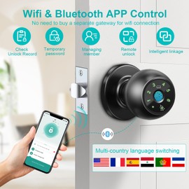Fingerprint Door Lock, Smart Keyless Entry Door Knob with Keypad and Doorbell, 5-in-1 Biometric Door Lock with Fingerprint, Password, IC Card, Key & App Control(6 Languages) for Home, Bedroom, Office