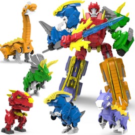Robot Dinosaur Toys 5-in-1 Transforming Robot Including 5 Dinosaur Action Figures -Build & Combine into 8" Large Warrior with Weapon for 6 7 8 9 Year Old Boys