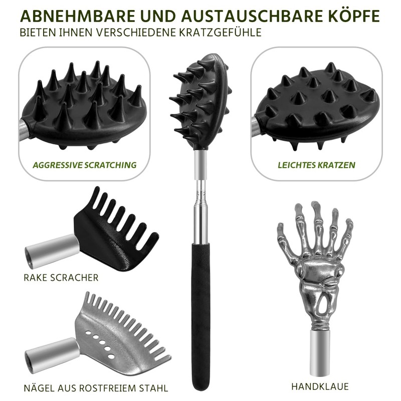 BJOYEE Extendable Back Scratcher, Set with 4 Different Interchangeable Heads,