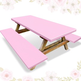 Irenare 3 Pcs Picnic Table and Bench Fitted Tablecloth Cover for 6 Ft Table 30 x 72 Inch Vinyl Fitted Elastic Edges Waterproof Wipeable Tablecloth for Indoor Outdoor Picnics Patio Camping(Pink)