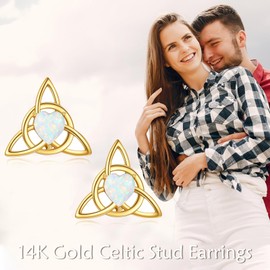 Dovran 14K Gold Celtic Knot Stud Earrings for Women Real Gold Opal Triangle Knot Earrings Solid Gold Opal Jewelry Gifts