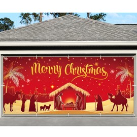 Gtmileo Red Nativity Christmas Garage Door Cover 7 x 16 ft, Jesus Is the Reason for the Season 2025 Christmas Garage Door Decorations, Nativity Backdrop, Nativity Backdrop for Christmas Party Supplies