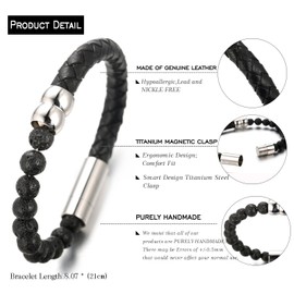 Halukakah "SALUTE THE EARTH" Men's Genuine Leather Bracelet with Lava Rock Beads,Smart Magentic Clasp, 8.46"(21.5cm) with FREE Giftbox