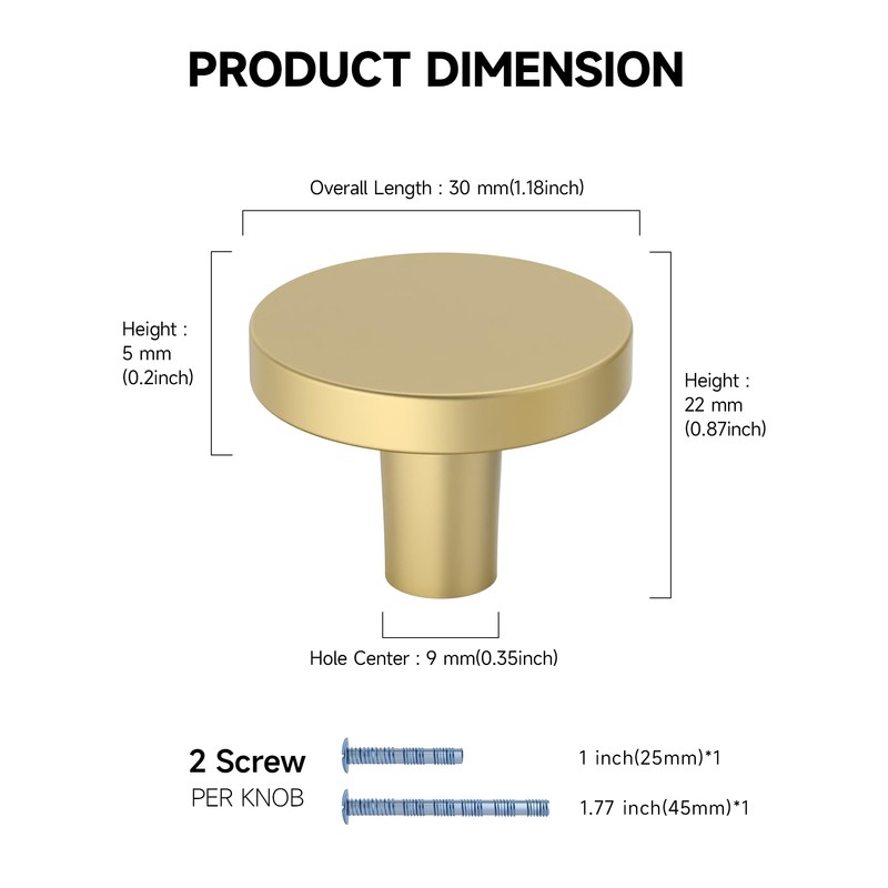 Amerdeco 10 Pack 1.3" (32mm) Brushed Gold Cabinet Knobs Modern