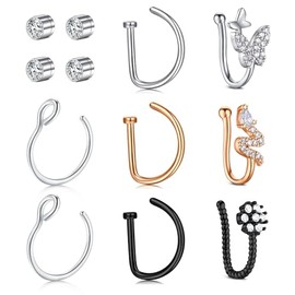 incaton Fake Nose Rings D Shaped Nose Rrings Non-Pierced Clip On Faux Nose Hoop Septum Nose Ring Set
