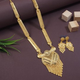 I Jewels Gold Plated Traditional Long Necklace with Flower Design Earrings Jewellery Set for Women (MS149FL), Free Size, No Gemstone
