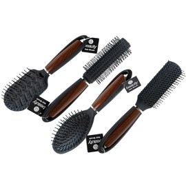 CS Beauty - Pack of 4 Hair Brush Set - Oval Cushion Hair Brush, Vent Hair Brush, Oblong Brush, Radial Brush for Women Men Children - Wet or Dry Hair - Detangle Massage - Wood Effect Handle