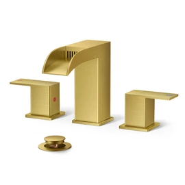 QFN Gold Bathroom Faucets Waterfall Bathroom Sink Faucet 3 Hole with Pop-up Drain and Supply Lines, Brushed Gold Lead-Free Widespread Bathroom Faucet for 6''-12'' Vanity Farmhouse Sink