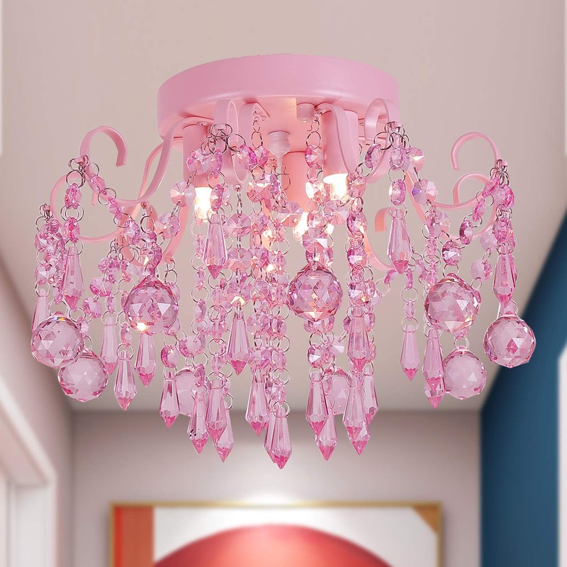 Q&S Mini Chandelier Crystal,Semi Flush Mount Pink Girl Chandelier, Small
