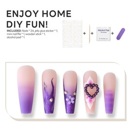 Long Coffin Press on Nails French Tip Fake Nails Matte Pink Purple False Nails with 3D Charm Love Heart Flowers Rhinestones Design Artificial Gradient Nail Y2K Stick on False Nails 24Pcs