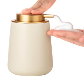 Enra Foaming Soap Dispenser,12 oz Beige Ceramic Soap Dispenser with Glod Pump, Hand Dish Soap Dispenser,Modern Poam Soap Dispenser for Bathroom,Kitchen with Easy-to-Press Pump (Beige Poam Glod Pump)