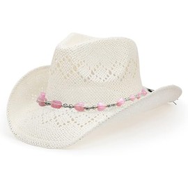 TOVOSO Western Cowgirl Hat, Straw Cowboy Hat for Women with Shapeable Brim, Beaded Hearts Trim, Shapeable Cowboy Hat, White-Pink