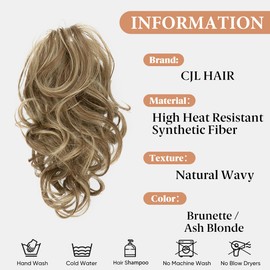CJL HAIR Claw Clip Short Ponytail Hair Extensions DIY Bendable Metals Messy Bun Hair Piece for Wonen Wavy Curly Synthetic Fake Hairpieces Brunette/Ash Blonde
