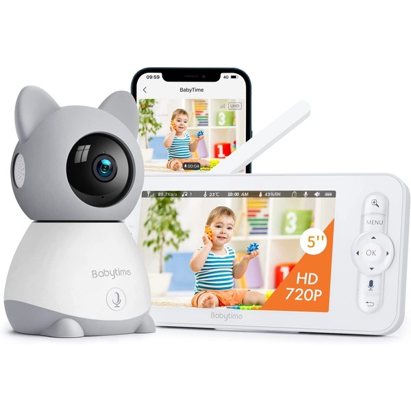 BabyTime Babyphone Caméra, 2K 5" Camera Bebe Surveillance 360° PTZ Baby Phone Vidéo connecté Smartphone avec Alertes Intelligentes, Vision Nocturne, Température, Audio Bidirectionnel (baby1s)