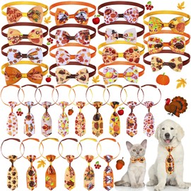 30 Pieces Thanksgiving Day Pet Tie Set Includes 15 Pieces Pet Neckties and 15 Pieces Pet Bow Ties with Adjustable Collar Turkey Fall Leaf Dog Tie Accessories for Dog Cat Thanksgiving Day Decoration