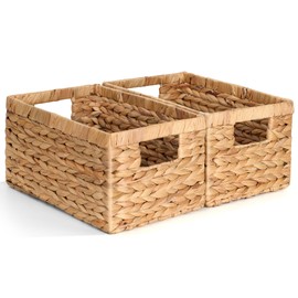 Set of 2 Wicker Shelf Storage Baskets for Organizing - Natural Durable Water Hyacinth Woven Basket Pantry Bin Organizers for Shelves with Handles for Home & Decor Organization, 12.5” x 8” x 6.5”