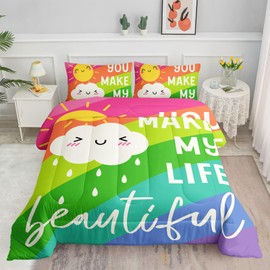 Smell Sunshine Kids Comforter Set Sun Clouds Rainbow Printed Pattern Bedding Set with 1 Comforter and 2 Pillowcases for Girls Boys Bedroom All Season(Clouds Rainbow Twin)