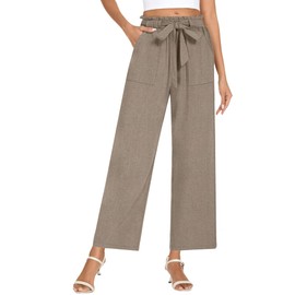 Neer Women's Linen Wide Leg Long Pants with Pocket Elastic Waist Straight Casual Pants Adjustable Tie Knot Loose Trousers(Khaki,X-Large)