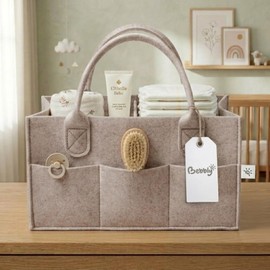 Bolsa Organizadora para Pañales de Bebé 18x33x23cm, Cesta Organizadora de Fieltro con 8 Bolsillos Externos y 3 Compartimentos, Canasta Organizadora para Pañales, Toallitas y Accesorios de Bebé