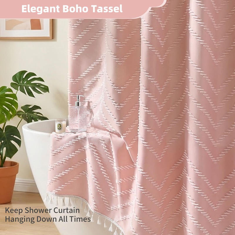 Siiluminisoy Extra Long Pink Boho Shower Curtain with White Tassel,