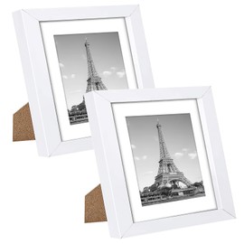 2 Pack 5×5" Photo Frames - No-Drill White MDF Square Picture Frames, Wooden Grain Texture Gallery Picture Frame with Acrylic Glass and Acid Free Mount for Wall Mounted, Desk Top, Table Display