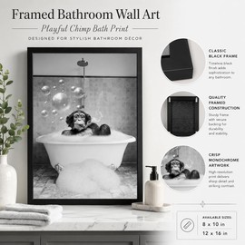Framed Chimpanzee Bathroom Wall Art, Fun Black And White Monkey Bathtub Canvas, Retro Whimsical Animal Decor, Chimp Lover Gift 8x10 Inches, For Bathroom Man Cave Bar