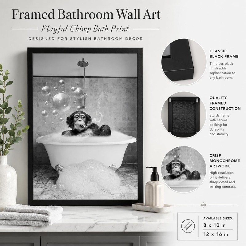 Framed Chimpanzee Bathroom Wall Art, Fun Black And White Monkey