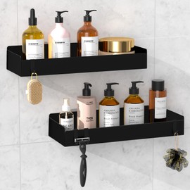 Wisfame Shower Shelf, No Drilling, Pack of 2, Rustproof Bathroom Organiser, 30 cm Shower Shelf with 8 Hooks, Shampoo Holder for Shower, Matt Black Metal Shower Basket