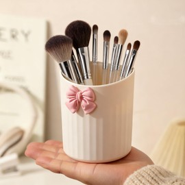 Wall-Mounted Plastic Small Makeup Brush Holder with Bow, Self-adhesive Multifunctional Holder Cup for Brushes, Pens & Pencils, Toothbrushes, Ideal for Bathroom or Office Countertop