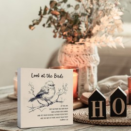 JUIOEIU Christian Desk Decor, Vintage Sparrow Bird Matthew 6:26 Bible Verse Wooden Box Sign, Religious Scripture Wood Block Box for Home Office Desk Shelf Tabletop Decor, 5x5 Inch