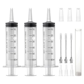 Pack of 3 Syringes 60 ml, Large Plastic Syringe 60 ml Reusable with Stainless Steel Accessories, Plastic Syringe for Plant Watering, Animal Feeding, Laboratories, Scientific (60 ml, 3 Pieces)