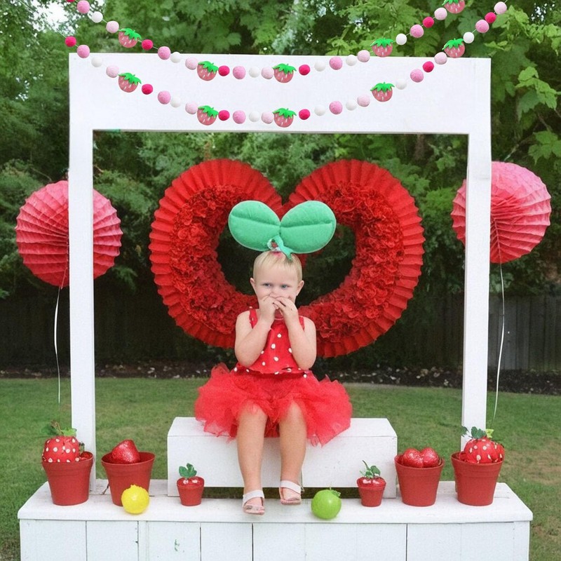 Strawberry Felt Ball Garland, 6 Ft Pink White Green Pom