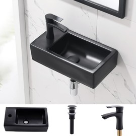 Corner Bathroom Sink with Faucet-Bokaiya 18 Inch Small Wall Mount Bathroom Sink Narrow Space Matte Black Porcelain Ceramic Cloakroom Mini Vanity Vessel Sink, Left Hand