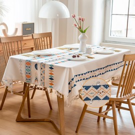 Farmhouse Wipeable Tablecloth Vinyl Waterproof Coating Spill-Proof Table Cover Cotton Linen Backing Slip Resistant White Blue Boho Tabletop Kitchen Party Table Décor Rectangle, 55"×70"(4-6 Seats)