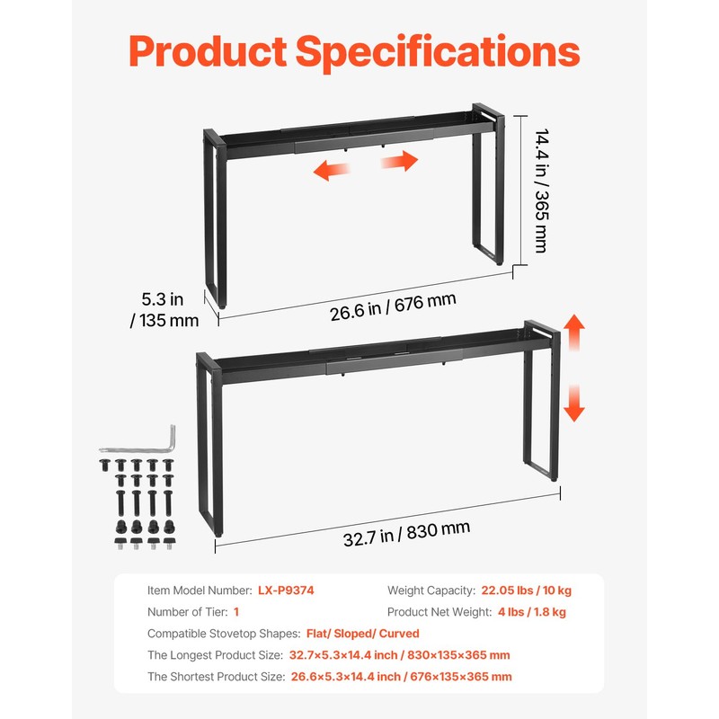 VEVOR Over the Stove Shelf, Adjustable 27-33Inch Spice Organizer, 4