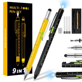 2PCS Bolígrafo Multifuncional, 9en1 Pluma Bolígrafo Multifuncional Equipado con Luz LED+Destornillador de Doble Propósito+Regla+Abridor de Botella+Niveles+Stylus,Regalo Ideal para Hombres/Papá/Marido