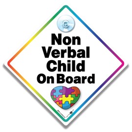 Non-Verbal Child on Board Car Sign, 14 x 14 cm, Multi coloured Puzzle Piece Diamond Warning Sign with Suction Cup, Autism Awareness Emergency Alert