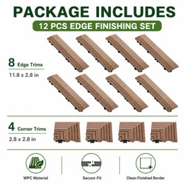 Ripeng Teak 12 Pack Wood Deck Tile Edge Trim Set 8 Pcs Straight Edge 4 Pcs Corner Edges Compatible 12 Inch Interlocking Deck Tiles Teak Patio Trim Easy Install for Flooring Porch Tiles Not Included