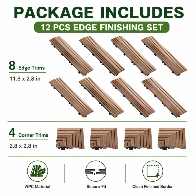 Ripeng Teak 12 Pack Wood Deck Tile Edge Trim Set