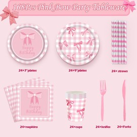 168Pcs Pink Bow Birthday Decorations Party Supplies Include Pink Bow Birthday Plates Napkins Cups Cutlery Straws Pink Bow Theme Tableware Birthday Party Supplies for Girls, Serves 24