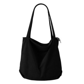 VOSSOT Cord Tasche Damen Umhängetasche mit Reißverschluss Shopper Damen Große Tote Bag Crossbody Schultertasche Handtasche für Arbeit Büro Reise Einkauf Schule und Alltag Schwarz