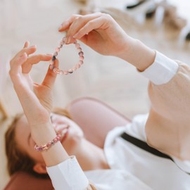 JoycuFF Sister Birthday Gifts For Women - Pink Black Rhodonite Stone Crown Bracelet - Modern, Round, Bead Chain - Female Gift Ideas