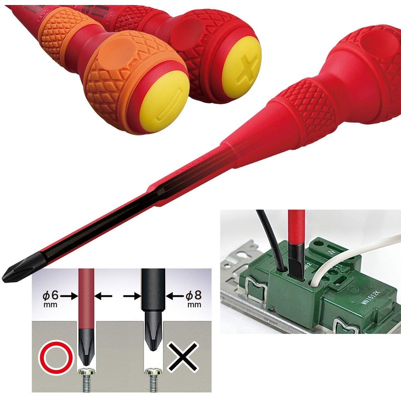 VESSEL Ball Grip Insulated Screwdriver +2×100, Electric Shock Prevention, VDE