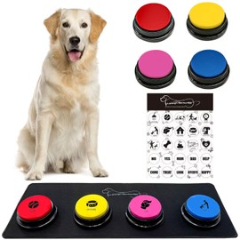 RIBOSY 4 Recordable Buttons with Rubber Mat and 25 Stickers - Record and Playback Any Custom Message to Teach Your Dog Voice What They Want