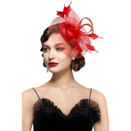 BABEYOND Women's Fascinator Hat Kentucky Hat Feather Derby Fascinator Tea Party Hat for Cocktail Wedding Red