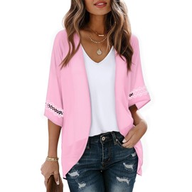 LILBETTER Women Lightweight Chiffon Cardigan Puff Sleeve with Lace Loose Beach Wear Cover Up Blouse Top(Light Pink, XX-Large)