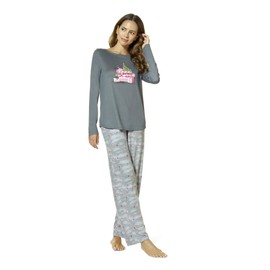 HUE Women's Brushed Loose Knit Long Sleeve Tee and Pant 2 Piece Pajama Set, Castle Rock-Festive Flamingo, Medium