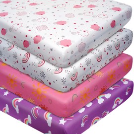 MLEPXBO Next to Me Crib Sheets，Fitted Baby Crib Sheets Set of 4， Breathable Soft Microfiber Fitted Baby Bed Sheets (Pink Sun & Rainbows, 83x50cm)